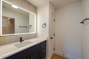 a bathroom with a sink and a mirror and a door